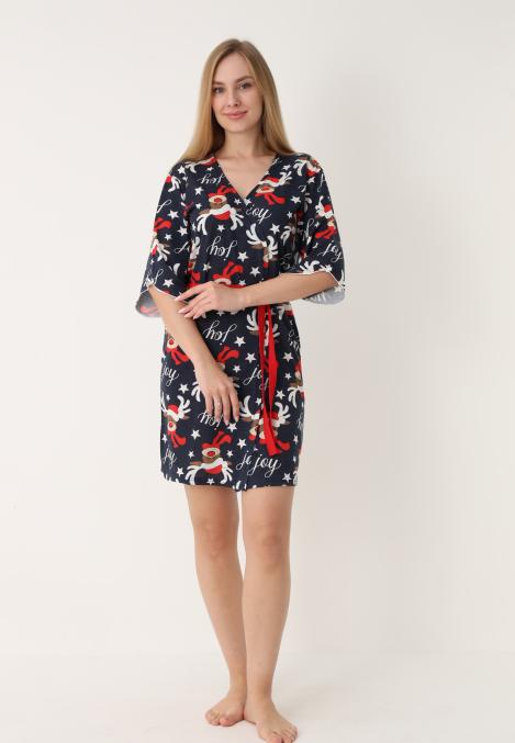 Halat dama Craciun,maneci 3/4,imprimeu reni ,culoare bleumarin ,En-gros